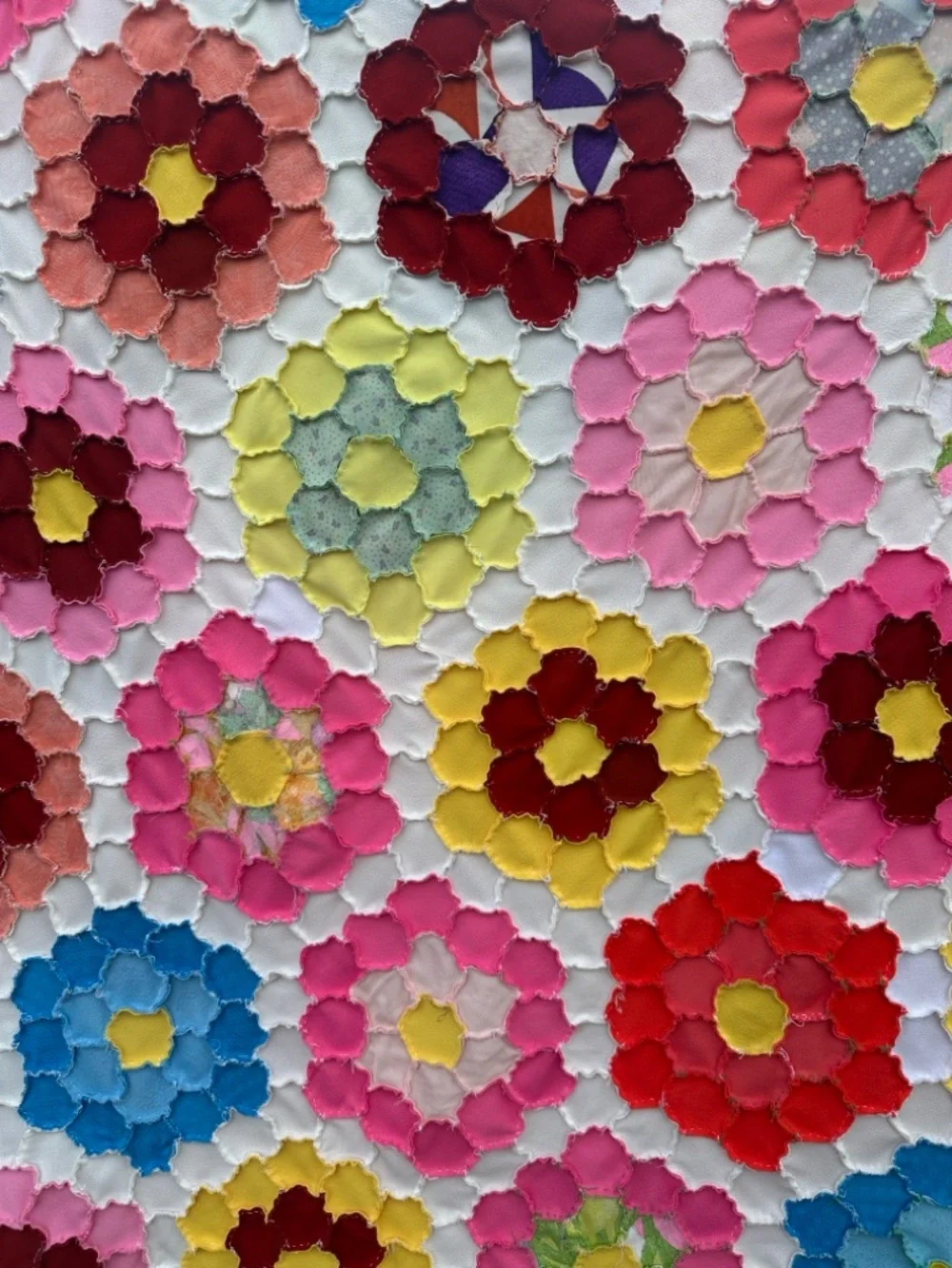 Vintage Grandmother’s Garden Quilt Topper HandmadeHexagon Floral Cottagecore